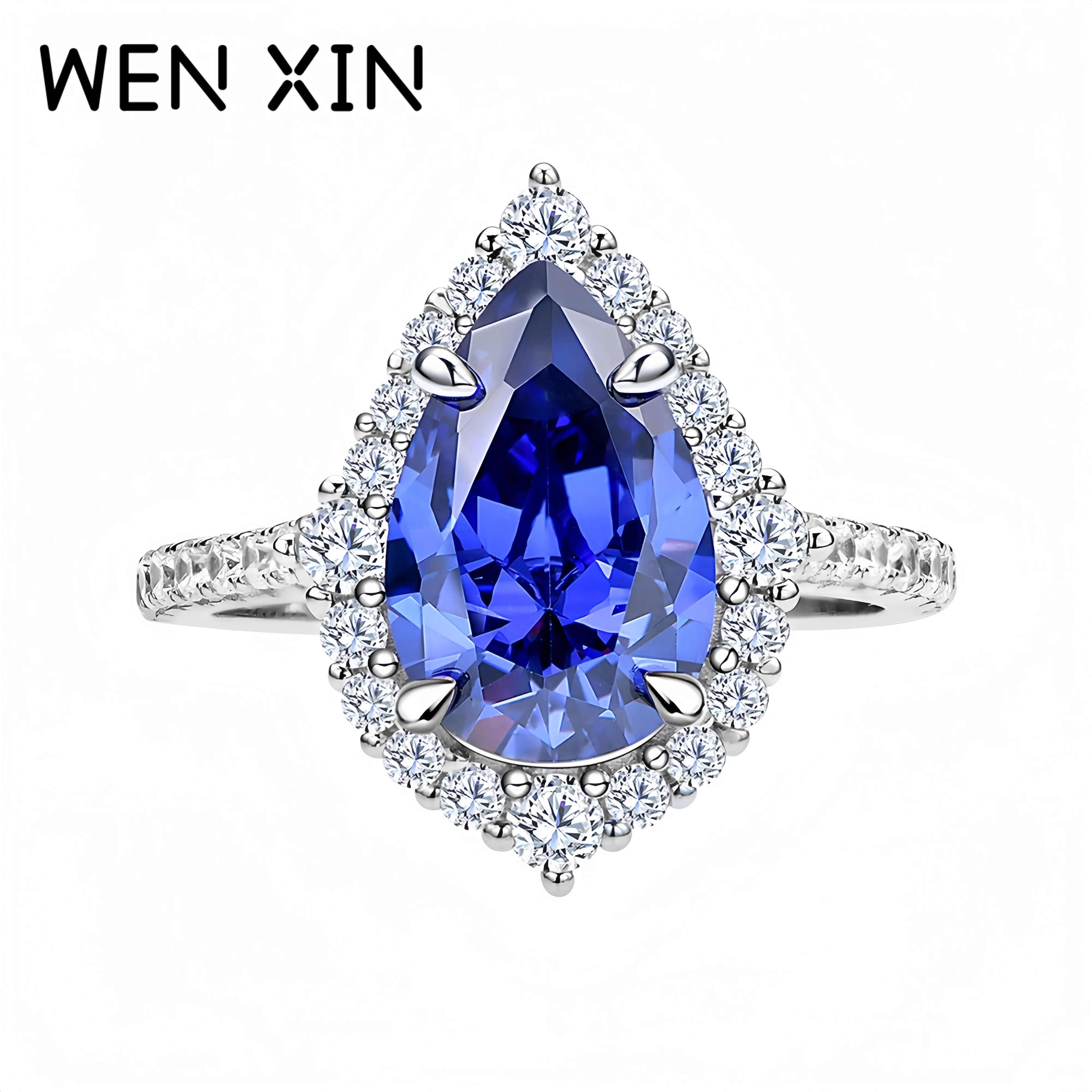 

WENXIN Роскошные кольца с каплями воды и синим драгоценным камнем, высокоуглеродистый бриллиант, кольцо из стерлингового серебра 925, ювелирные изделия для женщин