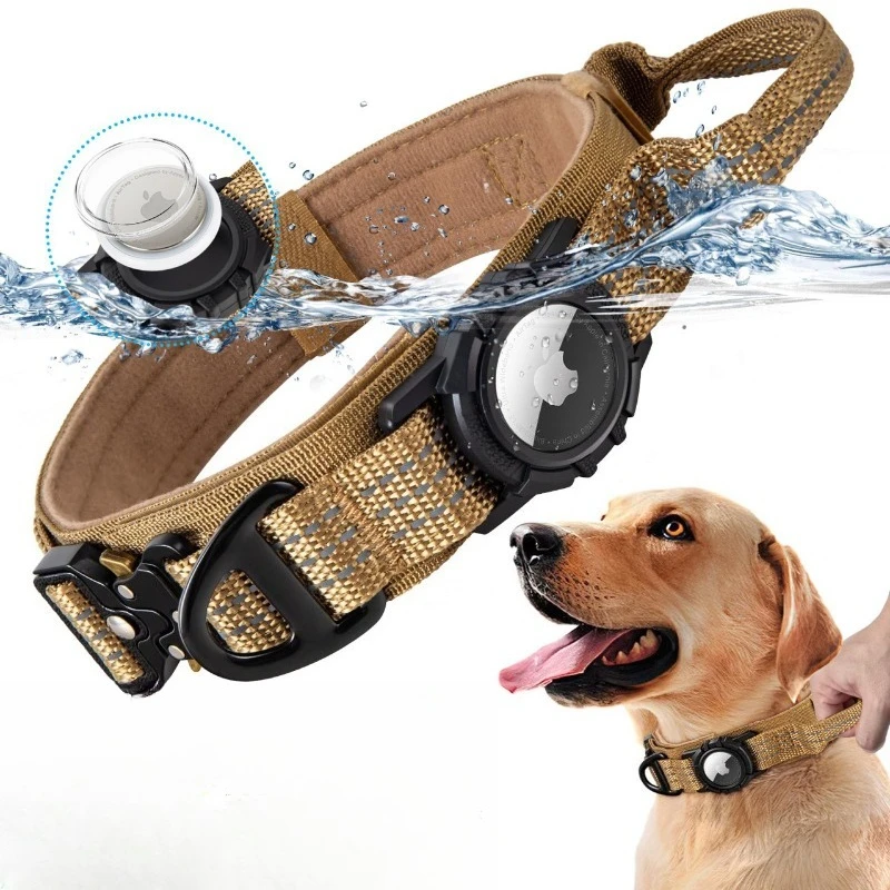 Tactical Dog Collar – Nylon Anti-Lost Training Strap Heavy-Duty Buckle Reflective Handle Apple Tracker Holder for Large Dogs