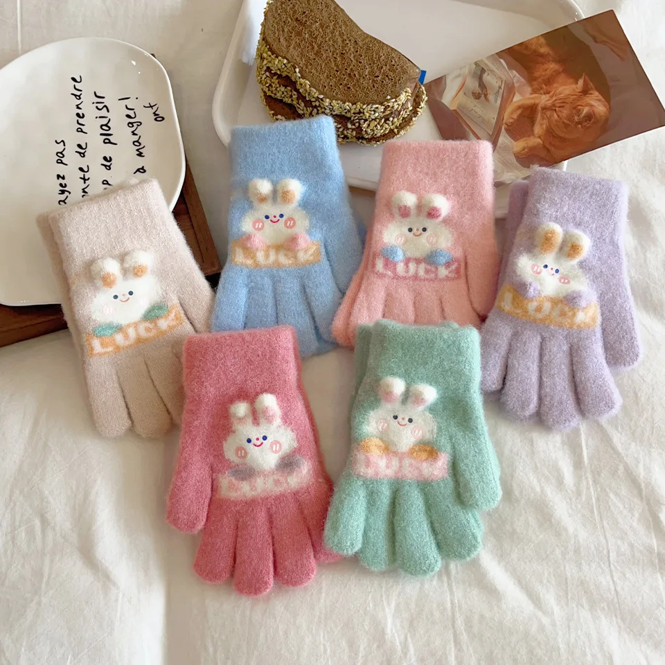 

Детские перчатки с милым кроликом, зимние морозостойкие, сохраняющие тепло, утепленные плюшевые перчатки с пятью пальцами для детей, мальчиков и девочек 3-8 лет