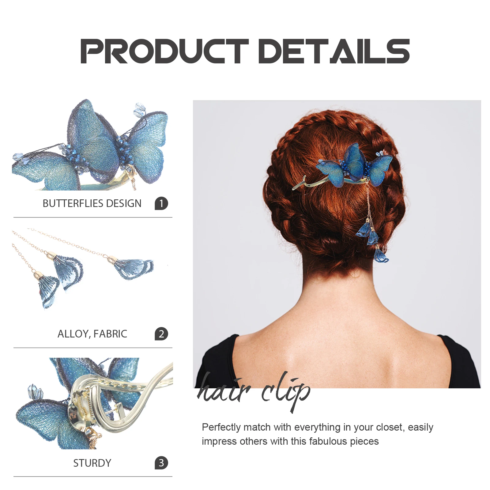

2pcs Butterflies Metal Tassel Hairpin For Women Sturdy Elegant Thick Accessories Decorative Rhinestone Barrettes Wedding Party