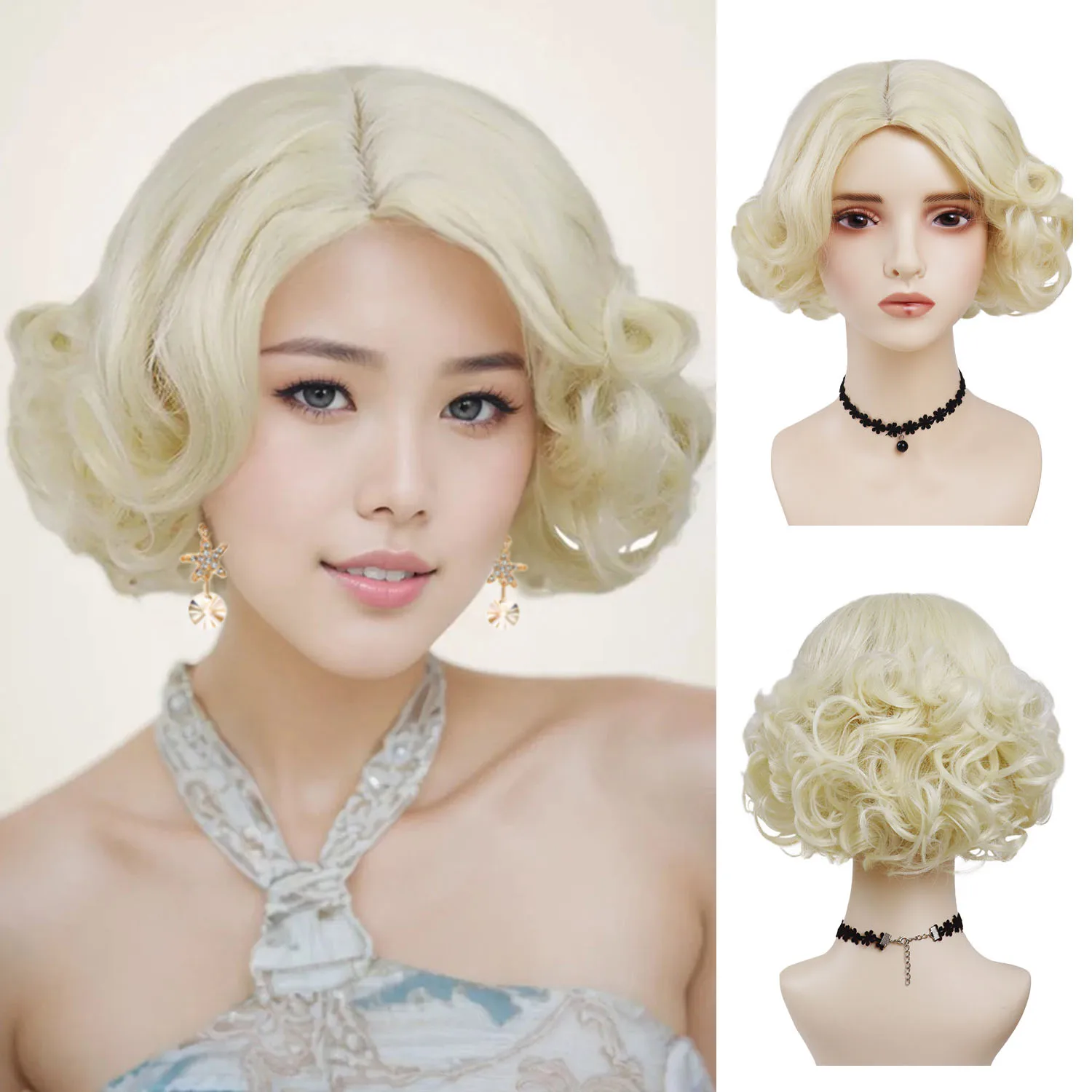 

Блондинка, короткий вьющийся парик для женщин, синтетические волосы, модный сексуальный женский парик для косплея, костюм Монро, парики на Хэллоуин, Drag Queen Party