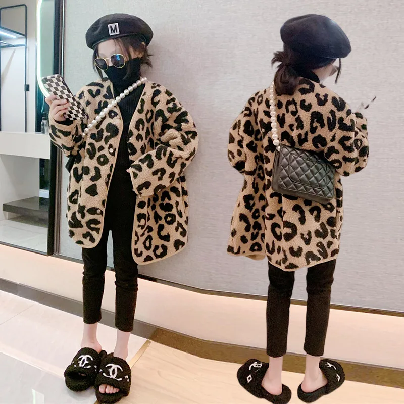 Girls' Leopard Print Open Cardigan, Autumn/Winter New Style for Tween Girls, Faux Fur One-Piece Top, Winter Clothing.