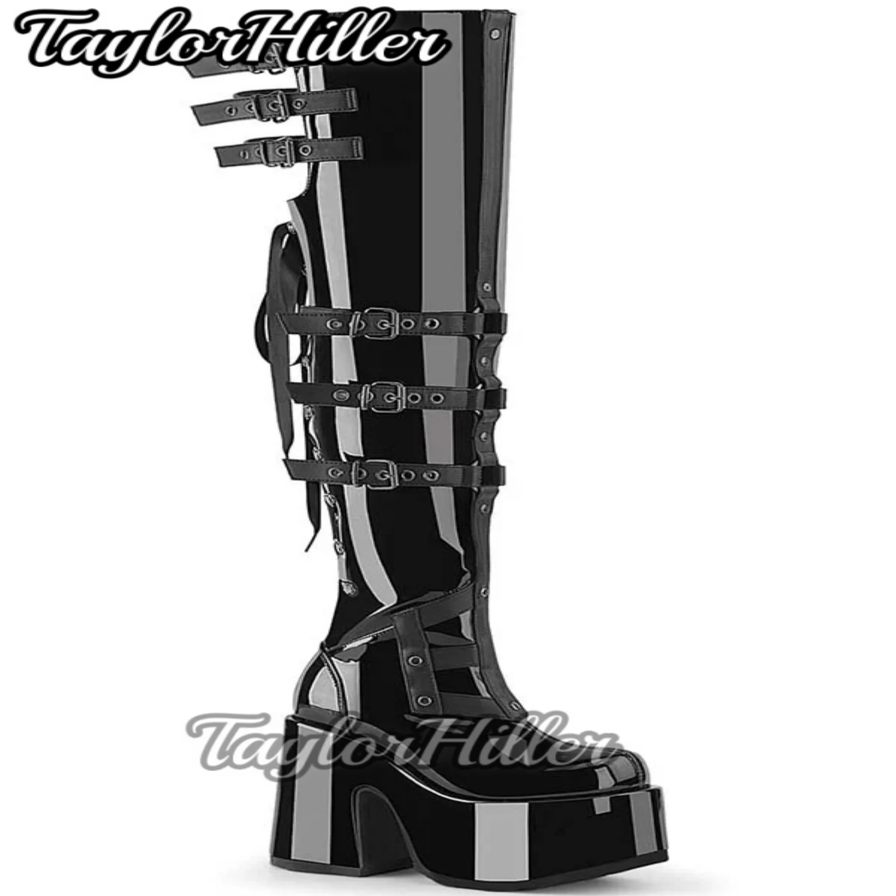 Gothic Black Boots Platform Patent Leather Botas Round Toe Multi Buckles Shoes Women Luxury Designer Autumn Winter Y2K Heels New view 4
