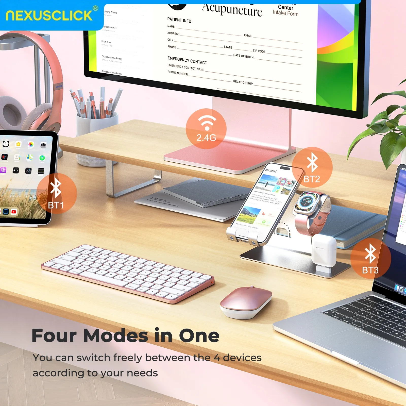 NexusClick C210 Slim Wireless Keyboard Mouse Combo,4‑Modes Rechargeable Quiet Low Profile Keyboard Set Adjustable DPI for iOS PC