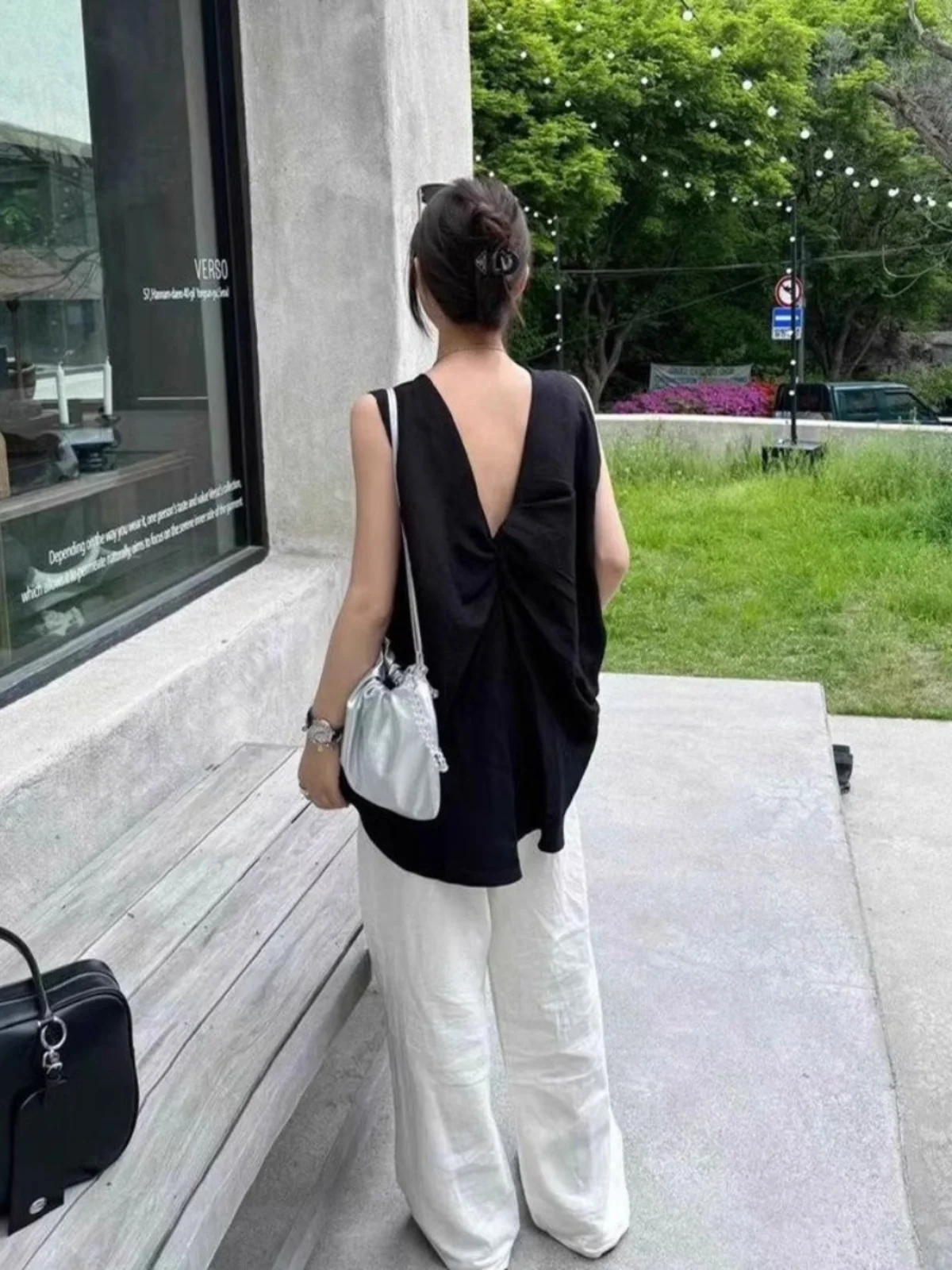 

Design Sensation Summer New Knotted Bal Svel irt Women Pure Desire Korean Sle Slimming Bla Top