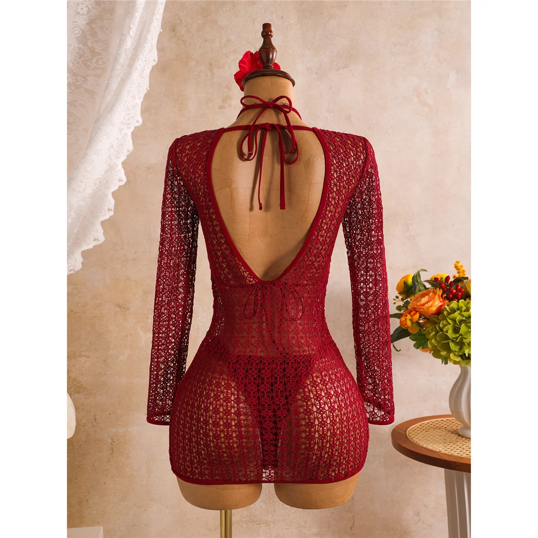 Mit langen Ärmeln, als Überwurf, Neckholder-Bikini, Damen-Badebekleidung, dreiteiliges Bikini-Set, Badeanzug, Badebekleidung, Schwimmbekleidung V8423 – Detail 10