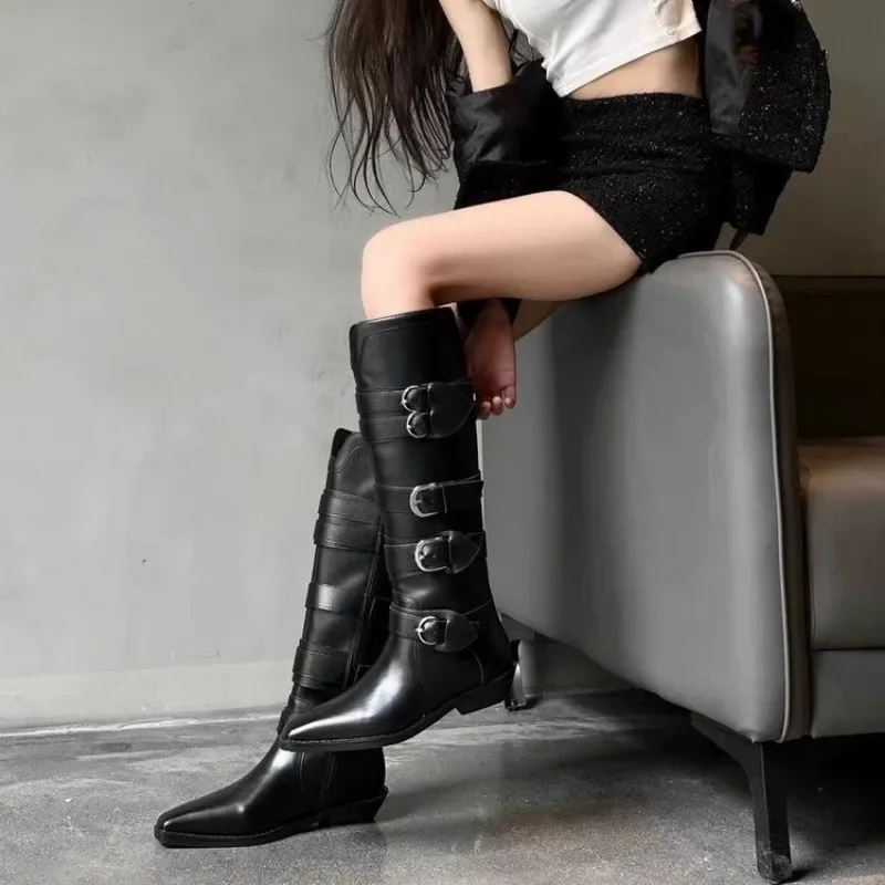 Female Shoes on Sale 2024 High Quality Side Zip Women's Boots Winter Square Toe Solid High Tube Low Heels Fashion Boots Zapatos