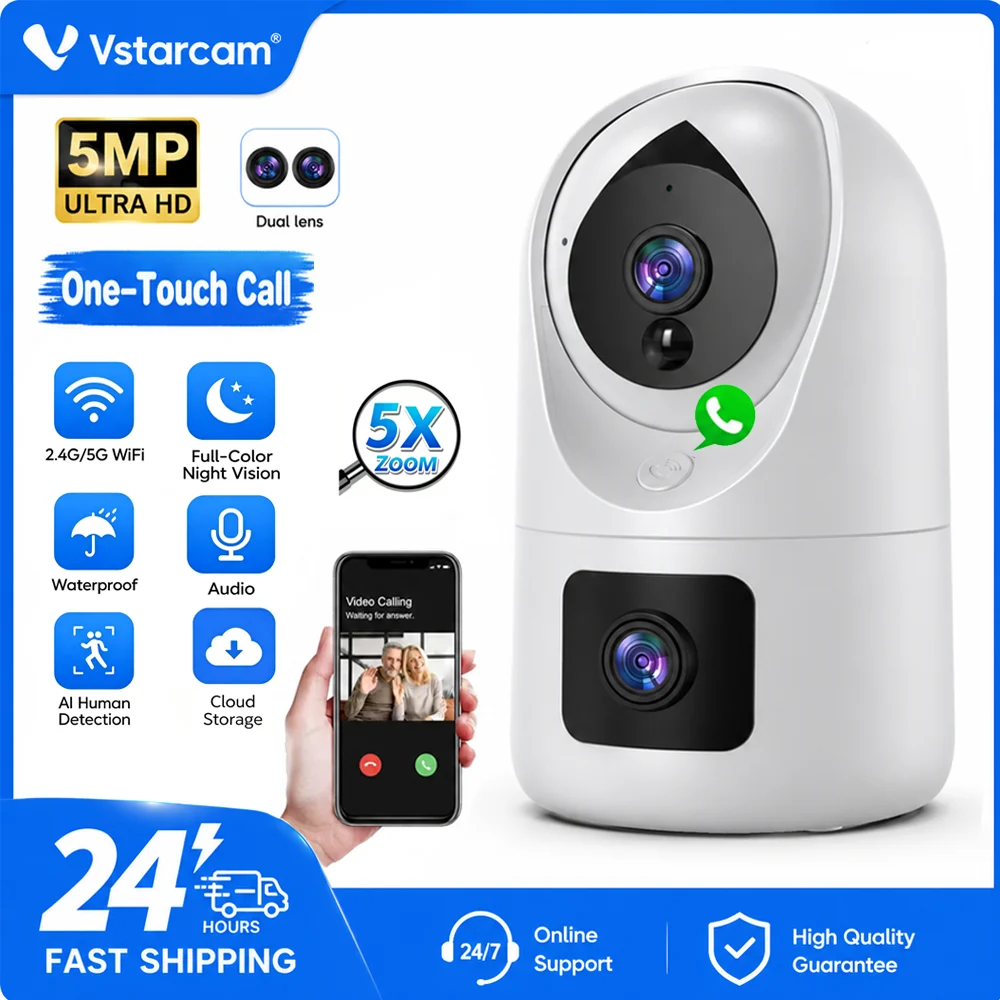 Vstarcam 5MP Dual Lens 5G WiFi PTZ IP Camera Auto Tracking One-touch Call 5X Zoom Color Night Vision Indoor Baby Monitor Security CCTV Cam