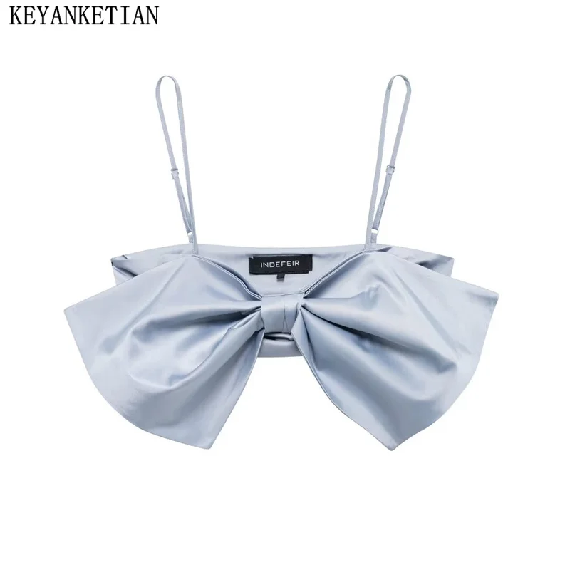 KEYANKETIAN 2024 New Women's Bow Corset Summer Y2K Inner Style Satin Baby blue Fashion Spaghetti Strap Crop Top Camisole Vest