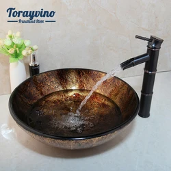 Torayvino Brown Round Bathroom Sink & ORB Basin Tap Washbasin Tempered Glass Hand-Painted Lavatory Bath Brass Set Faucet Mixer