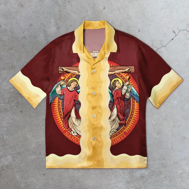 

Men's Shirts With Jesus Pattern Printed, Button Up Short-sleeve Shirt For Man, Oversized Y2k Clothes