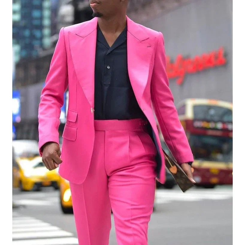 Fashion Hot Pink Men Suits Wedding Terno Clothing Single Breasted Peaked Lapel Double Pockets 2 Piece Jacket Pants Slim Fit