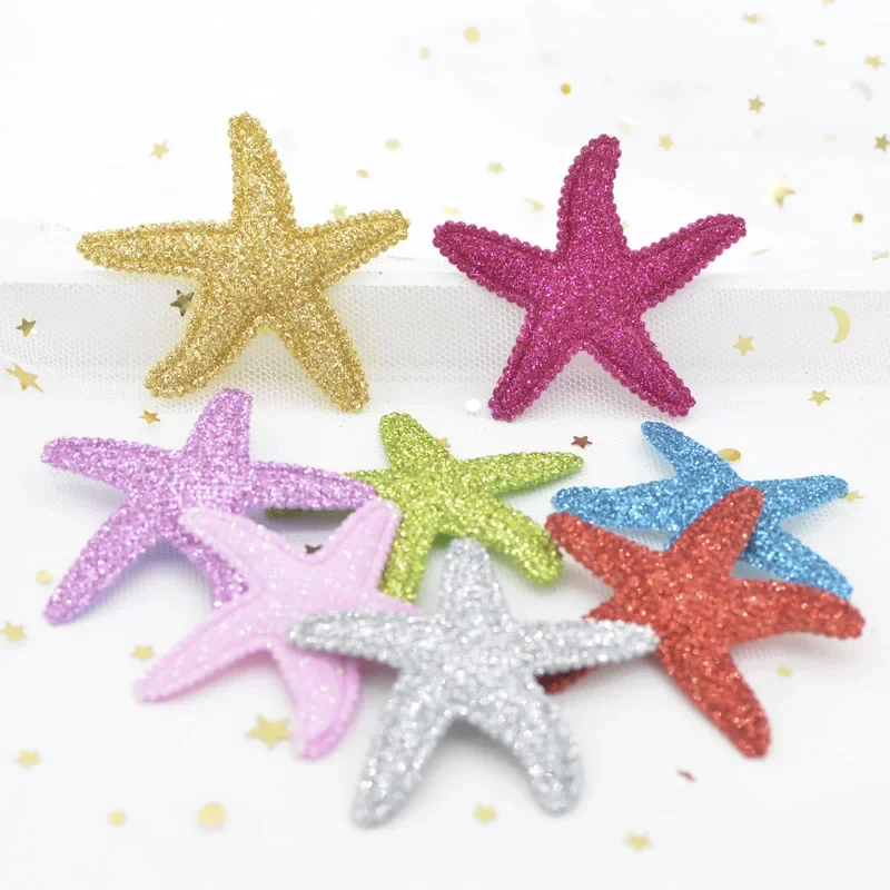 16Pcs 60*50mm Shiny Powder Glitter Fabric Padded Starfish Applique Headwear Hair Clips Patches Kids Birthday Crafts Ornament