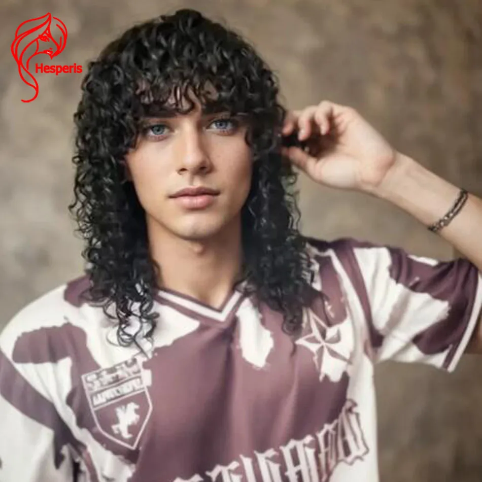 

Hesperis Curly Human Hair Wigs For Men Wear And Go Full Machine Made Wig With Bang Short Curly Wig For Male Scalp Top Layered