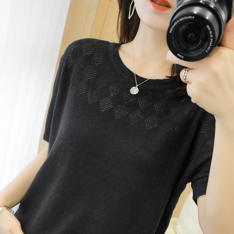 المرأة تي شيرت صيف جديد 100% القطن محبوك قصيرة الأكمام عادية الجوف خارج بلوزة ملابس السيدات O البلوز تيز فضفاض القمم