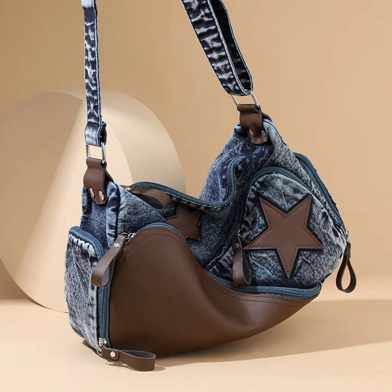 

2026 Vintage Denim Star Crossbody Bag Women Multi-pocket Casual Shoulder Underarm Bag Y2K Streetwear Zipper Tote Bag