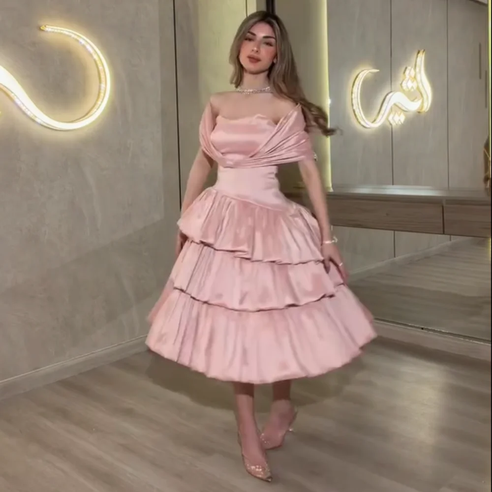 

Customized Pastrol Charmeuse Pleat Ruffle A-line Off-the-shoulder Knee Length Bespoke Occasion Homecoming Dresses