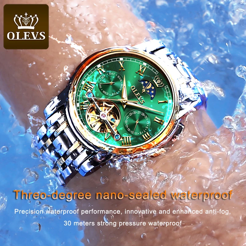 OLEVS Watch For Men Luxury Automatic Skeleton Mechanical Men Watches Waterproof Moon Phase Wristwatch Stainless Steel Men Watch