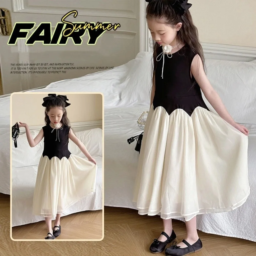 

Round Neck Children Princess Dress Sleeveless Loose Kids Korean Long Dress Black White Long Girls Splicing Mesh Skirt Kids Girls
