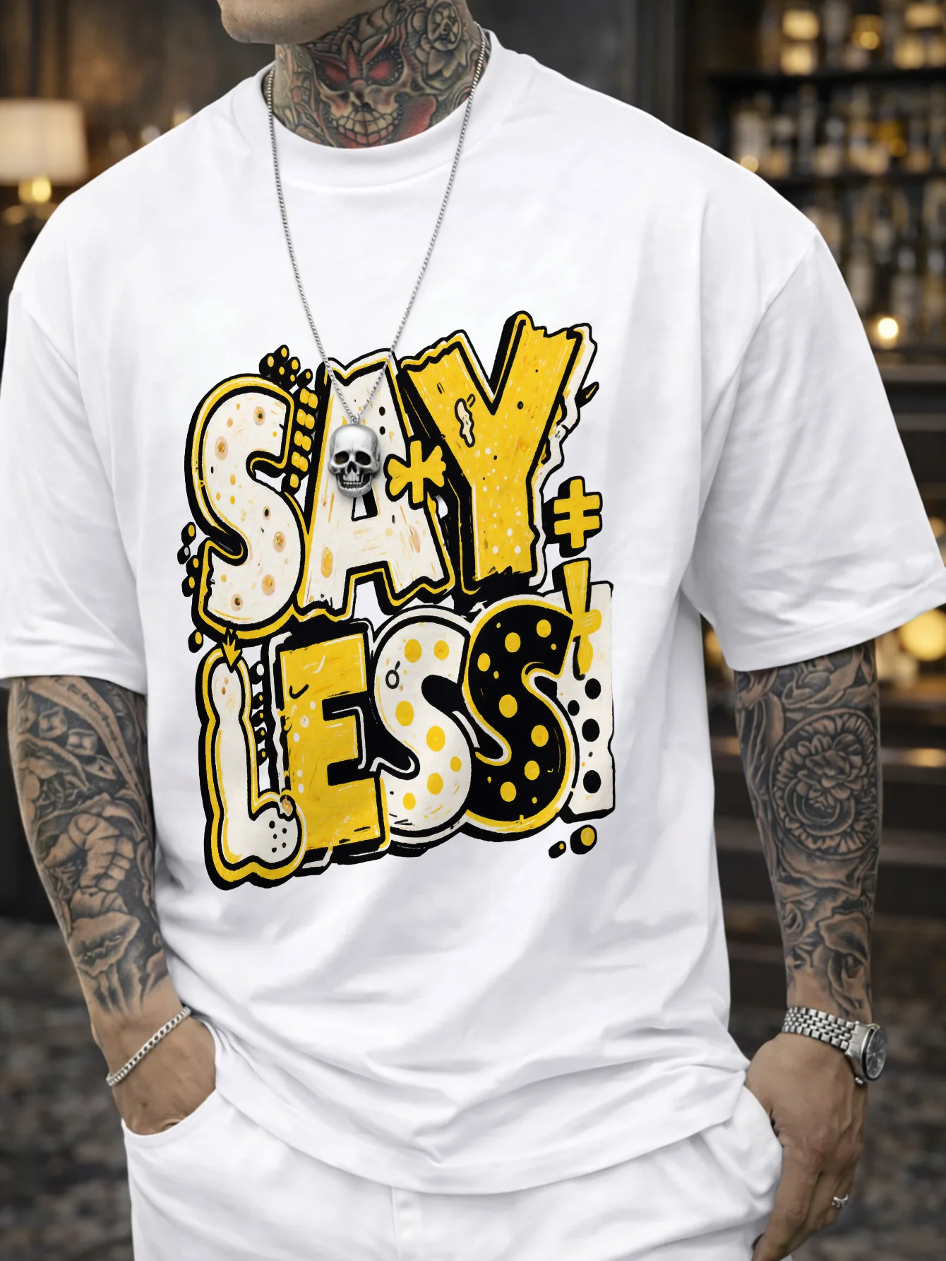 Men's 'SAY LESS' Graphic T-Shirt - Oversized Relaxed Fit Round Neck Casual Shirt with 'SAY LESS' Print, Machine Washable Suitable for Casual Attire, Year-Round Wardrobe Essential (No Transparency Design)