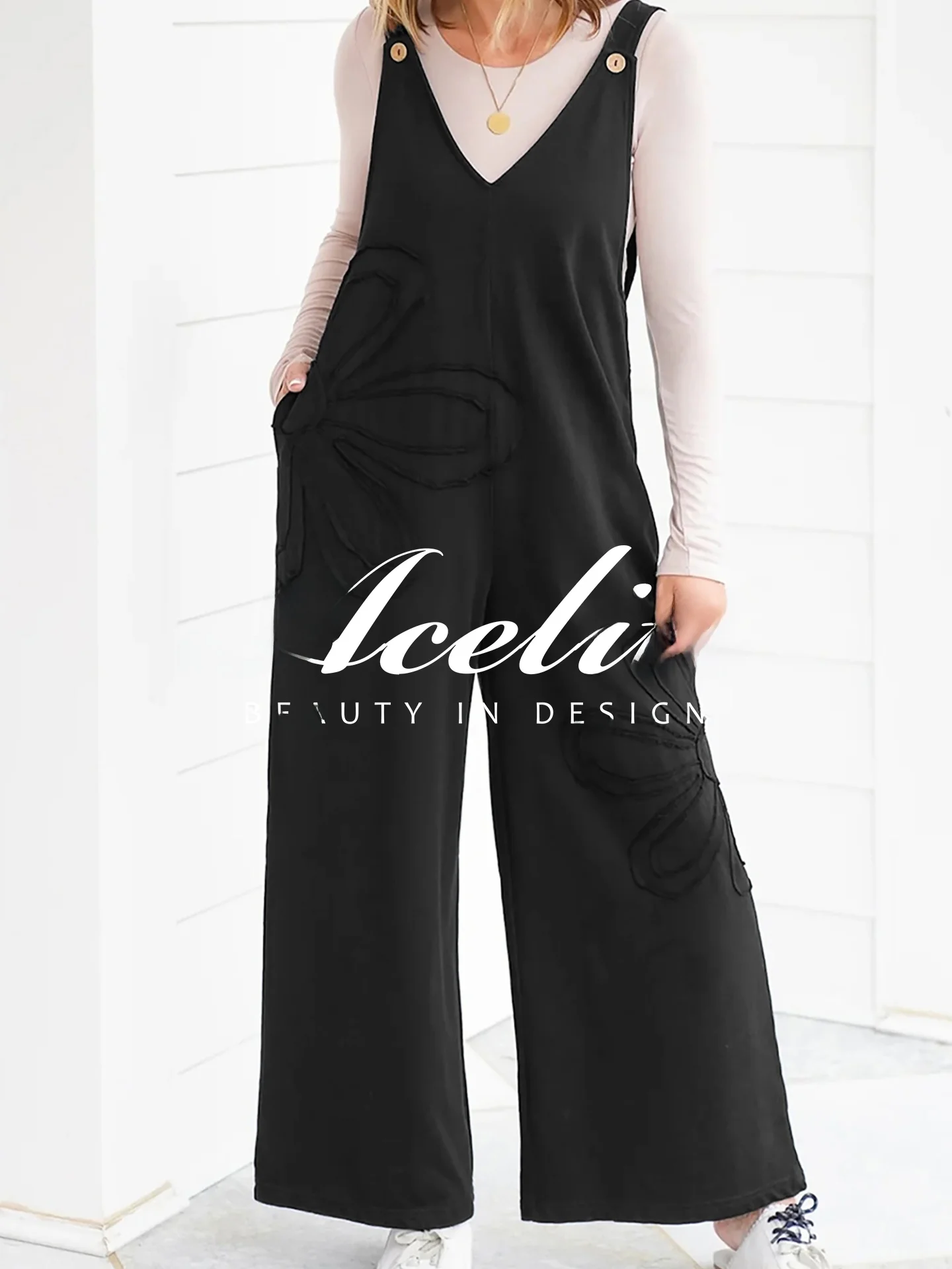 

Acelitt High Waist Button up Loose Women's Rer Pure Color Wide Leg Pants Comfortable Polyester Office Commute Outfit
