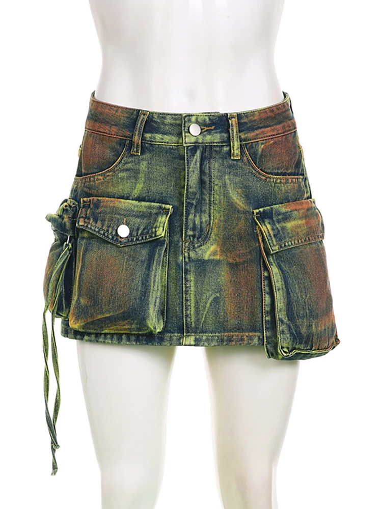 DEAT Women\'s Denim Skirts Tie-dye Green Irregular Spliced Multiple Pockets Cargo Mini Skirt 2024 Autumn New Fashion 29L3411