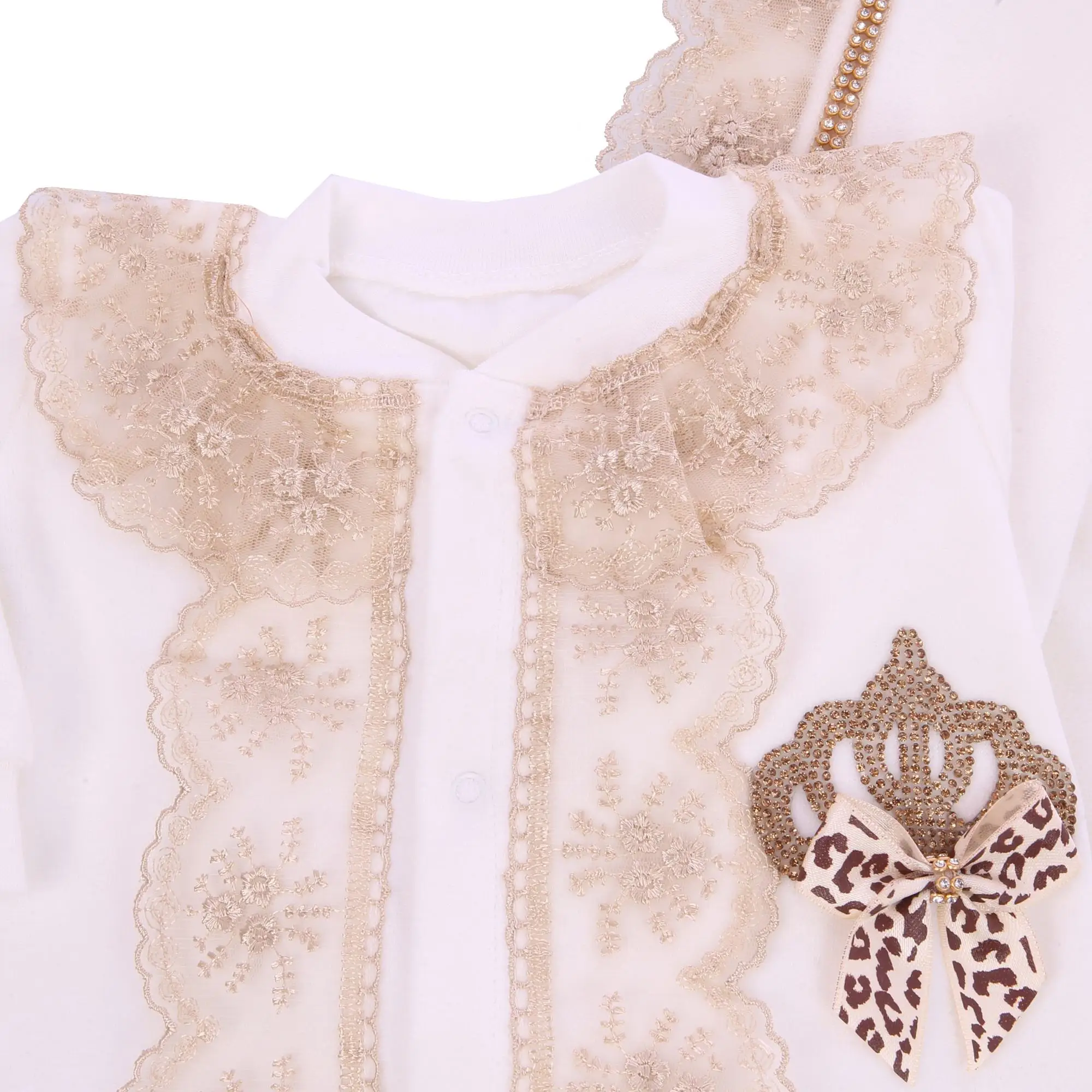 Personalized Newborn Baby Girl 4Pcs Layette Set – Champagne Gold Lace Romper with Custom Crown Embroidery