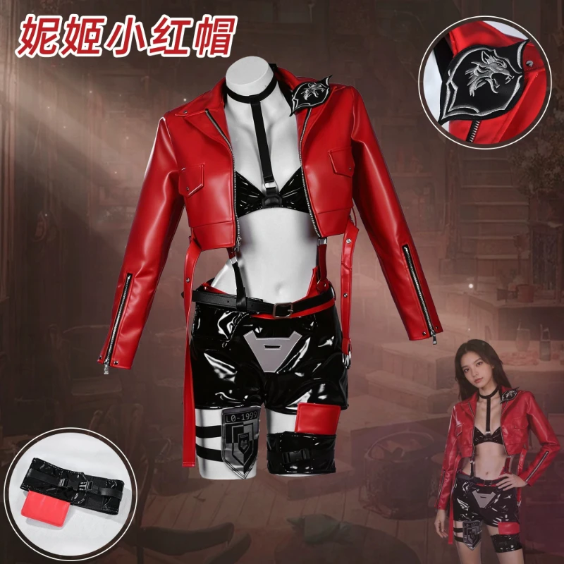 

Women Nikke Red Hood Cosplay Costume, Top + Pants with Red Jacket, Halloween Carnival Role Play Outfit Goddess of Victory Suit