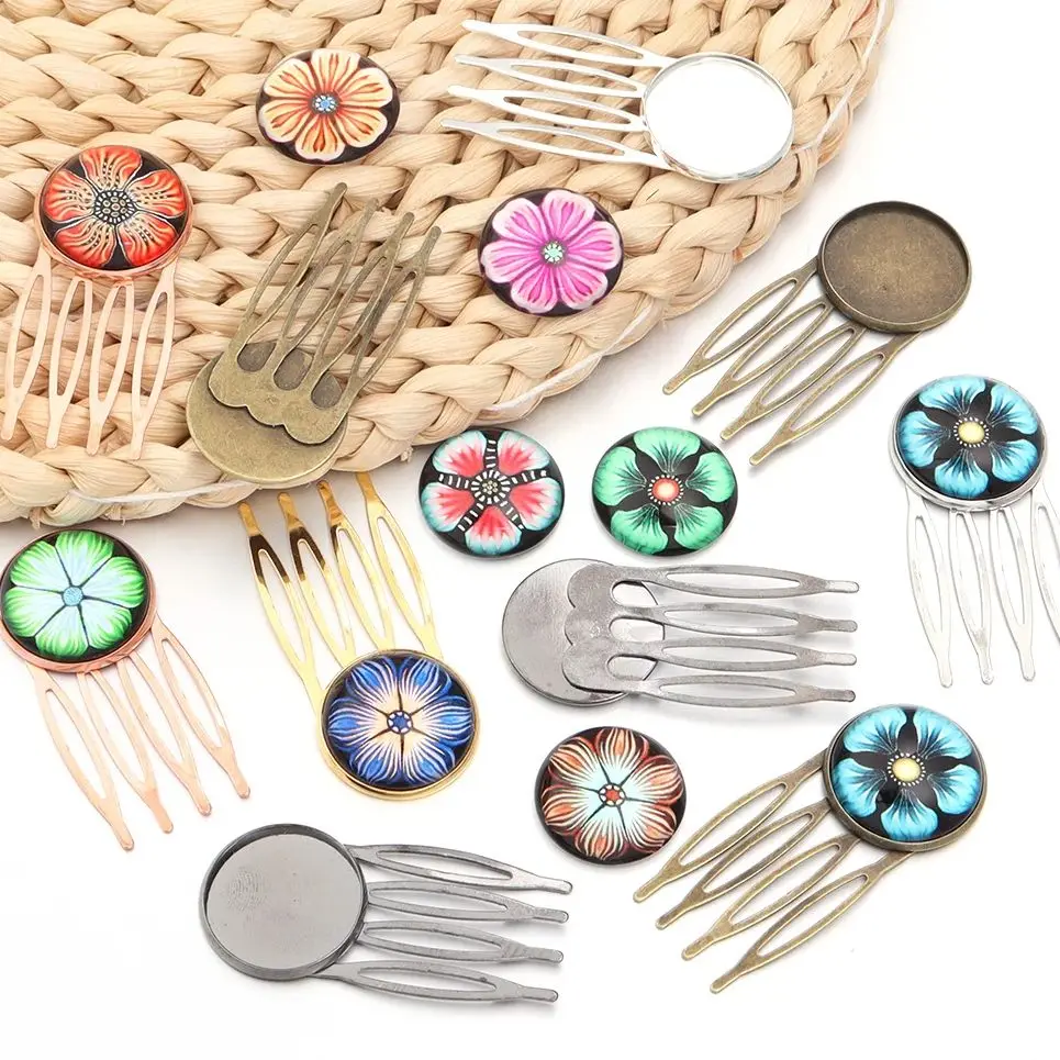 1Sets Iron 4 Teeth Petals Comb Hairpins With Round Blank Tray And Random Flower Pattern Interface For DIY Jewelry Accessories