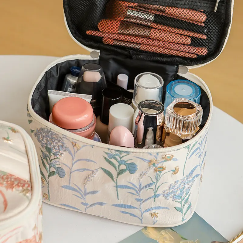 Ins New Floral Embroidered Makeup Bag Women's Storage Box Premium Travel Washbag Storage Bags Square Cosmetic Handbags