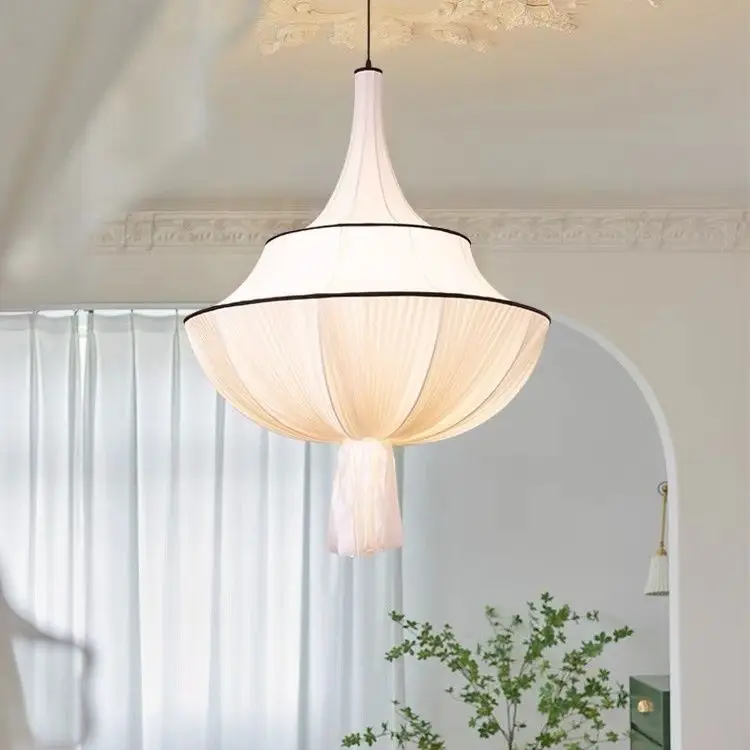 French Fabric Hanging Lamp for Ceiling Vintage Cloth Hotel Lobby Pendant Light Wabi Sabi Bedroom Loft