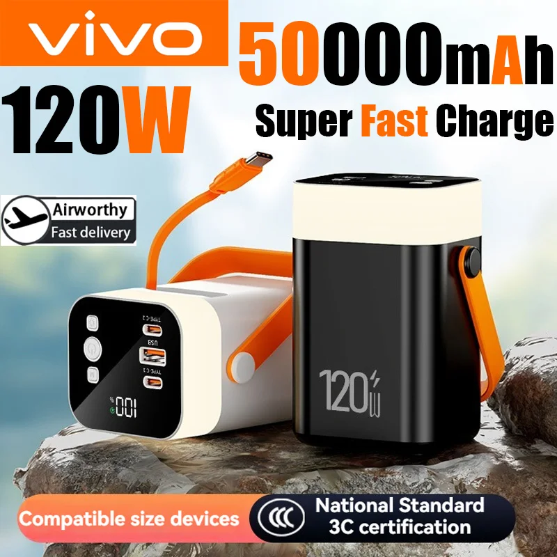 

VIVO 50000 мАч Power Bank большой емкости портативный уличный аварийный источник питания встроенный кабель питания для кемпинга для iPhone Samsung