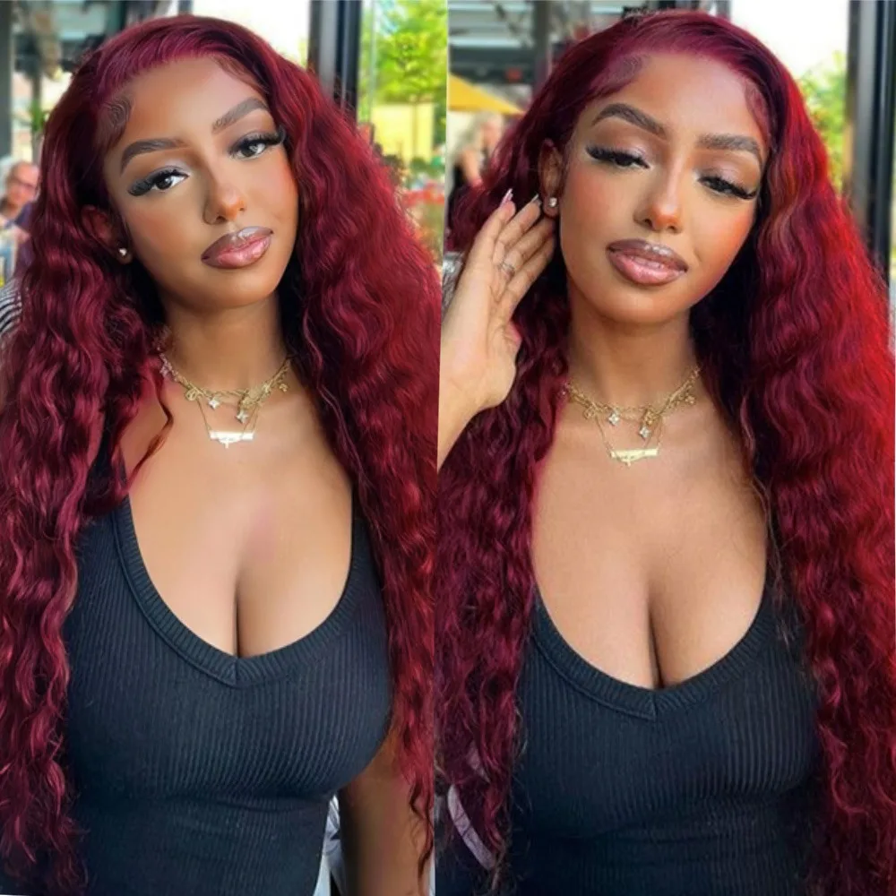 99J人毛ウィッグ バーガンディ ディープウェーブ 13x6 HDレースフロントウィッグ カール レッドカラー 13x4 透明レースフロント 人毛ウィッグ 女性用