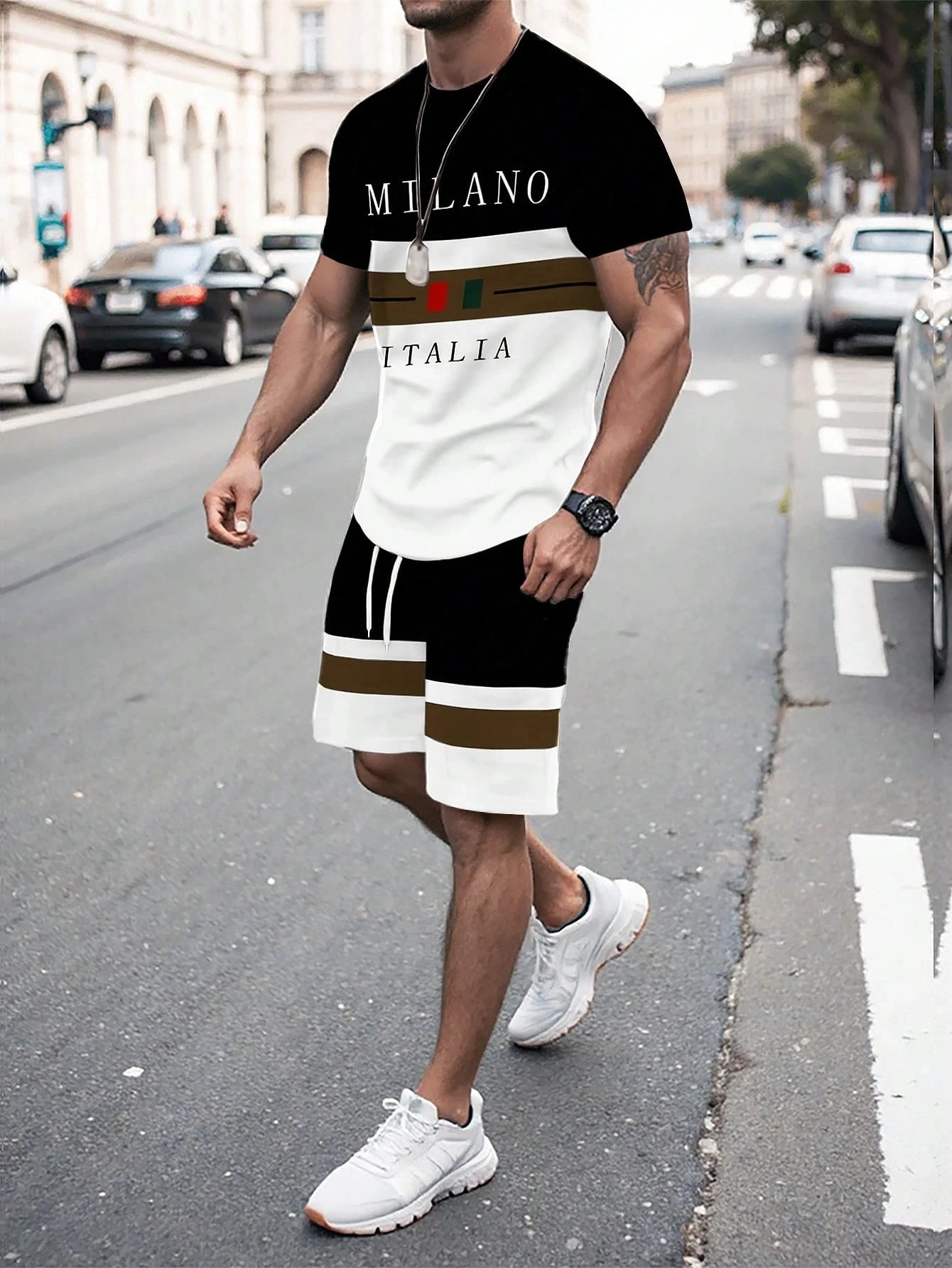 

Summer Men's Stripe Letter Print Short Sleeve Top Shorts 2 Pieces Set Oversized Loose Round Neck T-shirt Man Drawstring Shorts
