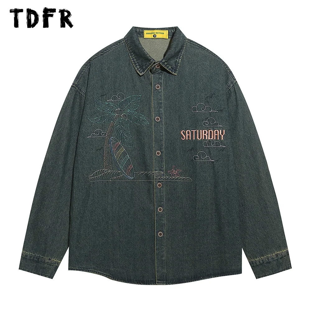 

Coconut Tree Embroidery Denim Shirts Mens Washed Distressed Retro Streetwear Single Breasted Lapel Loose Long Sleeve Shirts Men