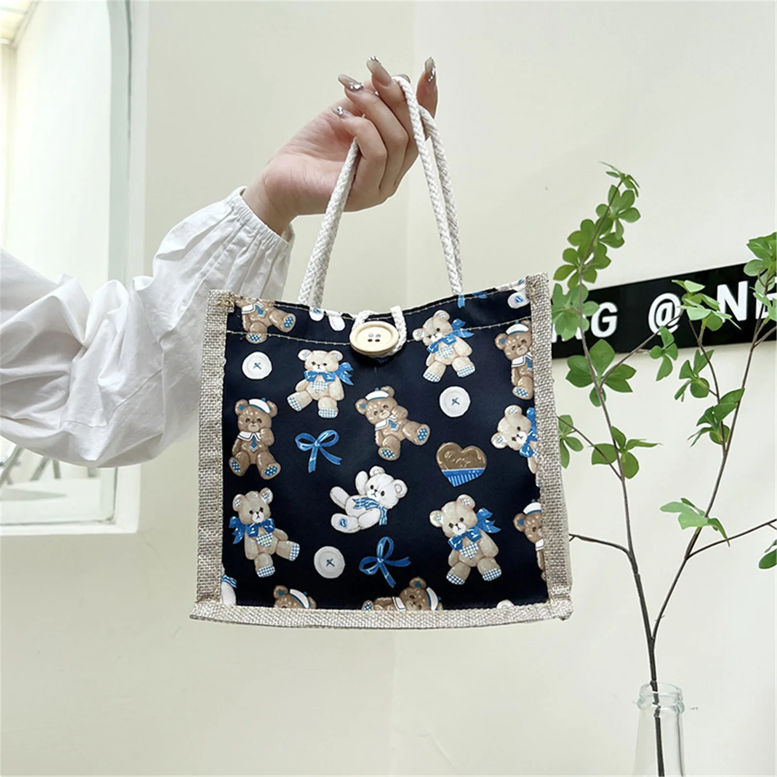 Cartoon Cute Bear Linen Bag Fashion Women Large-Capacity Fruit Print Tote Bag Casual Portable Travel Handbag Female Storage Bag