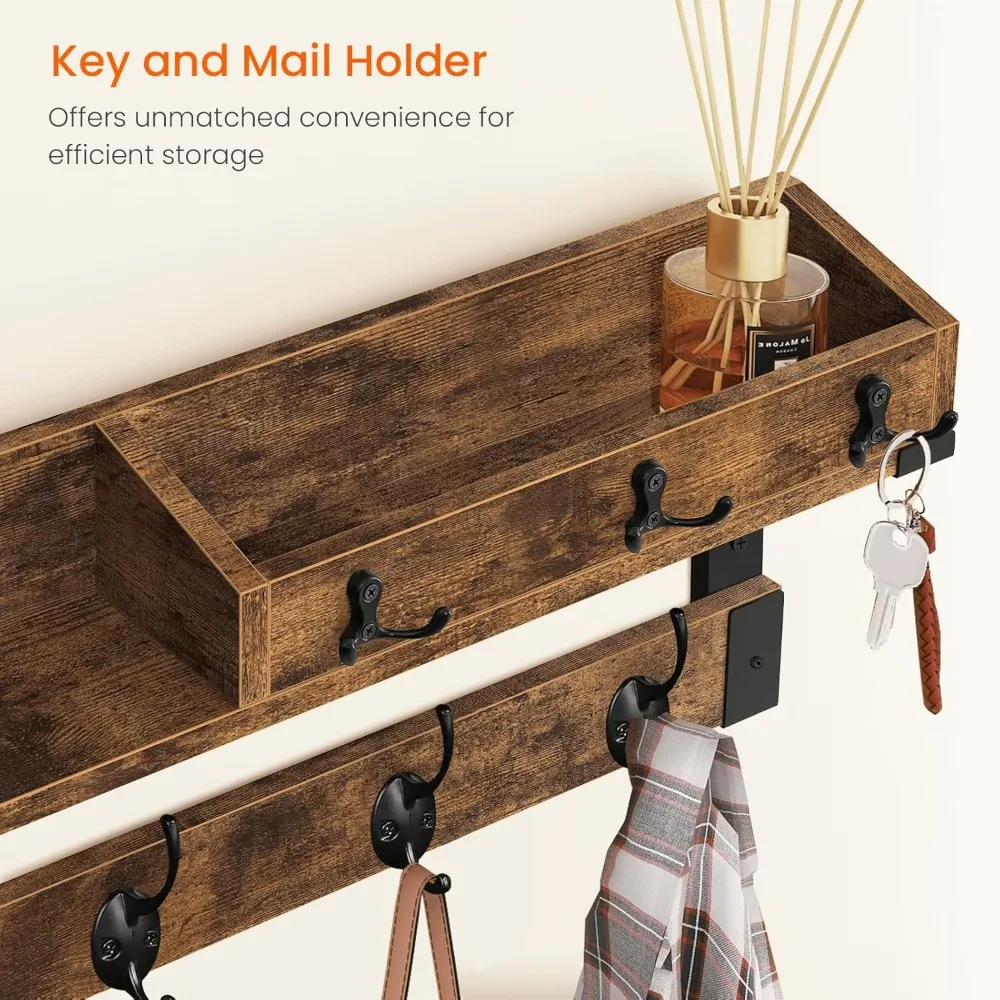 رف معطف خشبي مثبت على الحائط مع رف وخطافات، منظم مدخل مقاس 26 بوصة مع مساحة تخزين للمفتاح والبريد