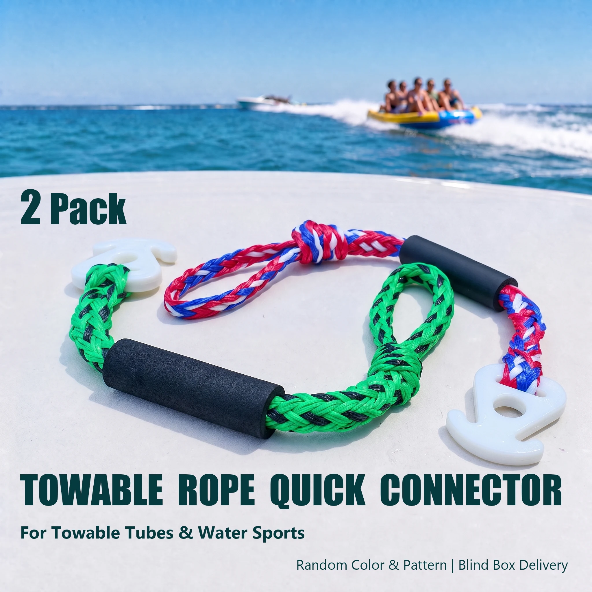 2 Pack IDAOVLAI Boat Tube Towable Rope Quick Connector, Water Towable Tubes Rope Connector  for 1-4 Rider,Random Color & Pattern