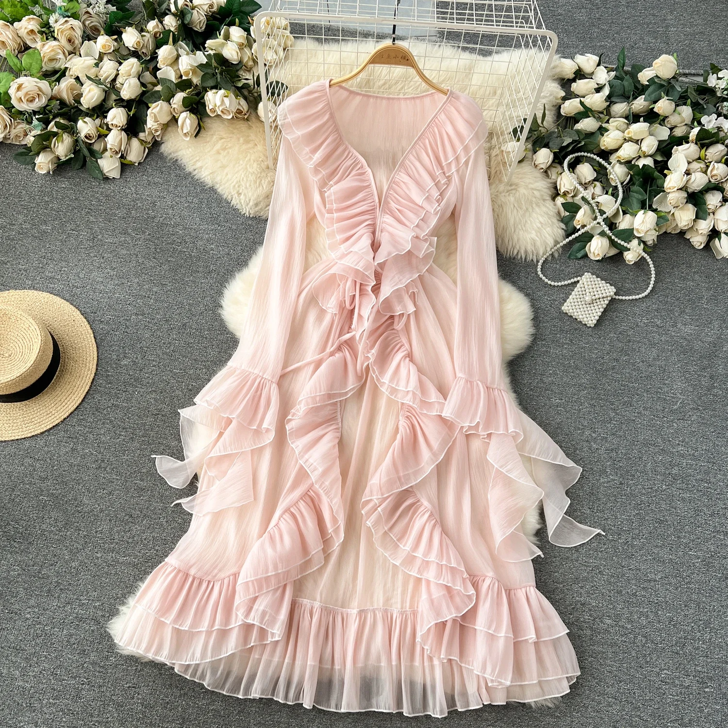 Elegant Shawl Cardigan Vintage Long Flare Sleeve Chic Ruffle Slim Chiffon Top French Vacation High Street Spring Autumn Clothing