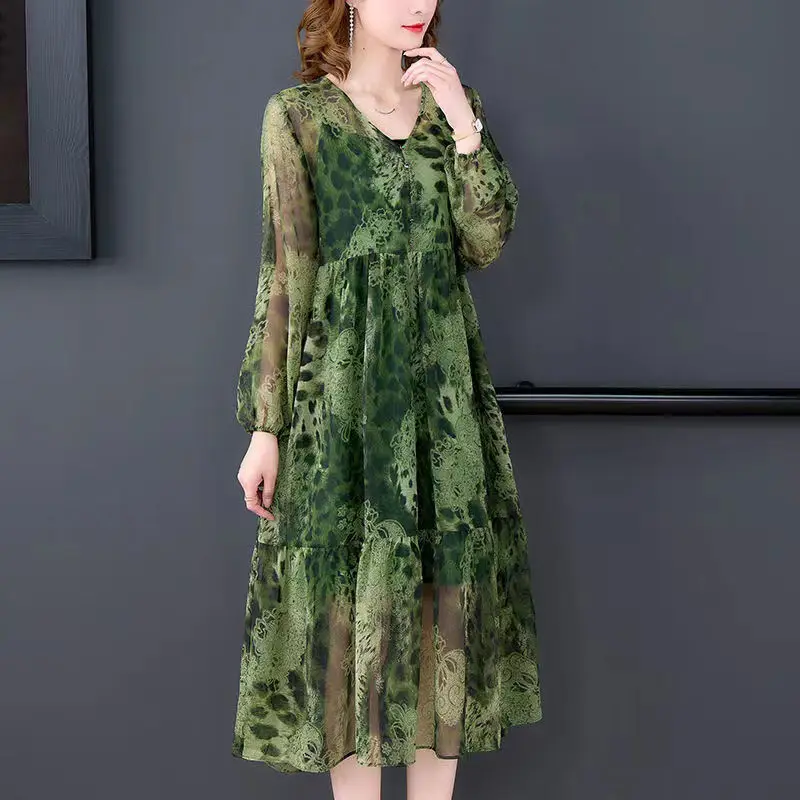 Autumn Long Sleeve V Neck Two Piece Set Dress 2022 Woman Chiffon Elegant Vintage Leopard Dresses for Middle Age Clothes Vestidos