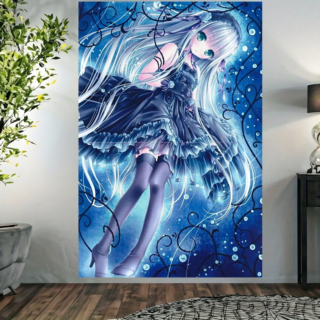 Vintage Lolita Anime Girl Tapestry Purple Blue Gothic Lace Dress Star Bubble Fantasy Manga Wall Hanging Dorm Bedroom Wall Decor