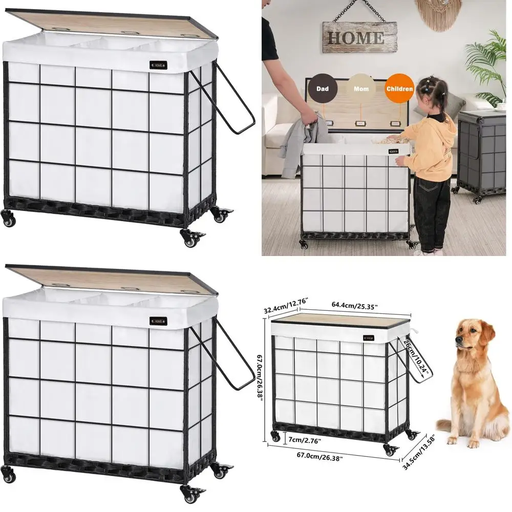 

Трехсекционная корзина для белья с усиленными колесиками, крышкой и съемным мешком-вкладышем, белая, с металлической ручкой, для сортировки белья