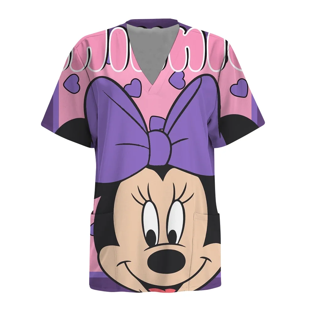 

Women's Disney Minnie print V-neck Tops Short Sleeve Work Uniform Patch Pockets Medical Nurse Uniform Women's Clothing