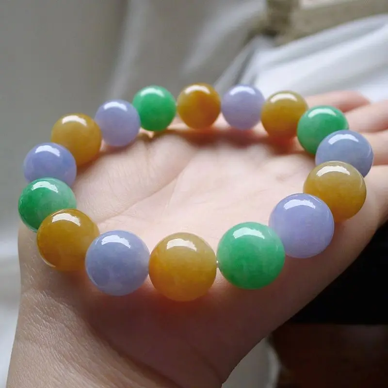 Counter Genuine Myanmar Waxy Three-Color Bracelet Women's round Beads Jade