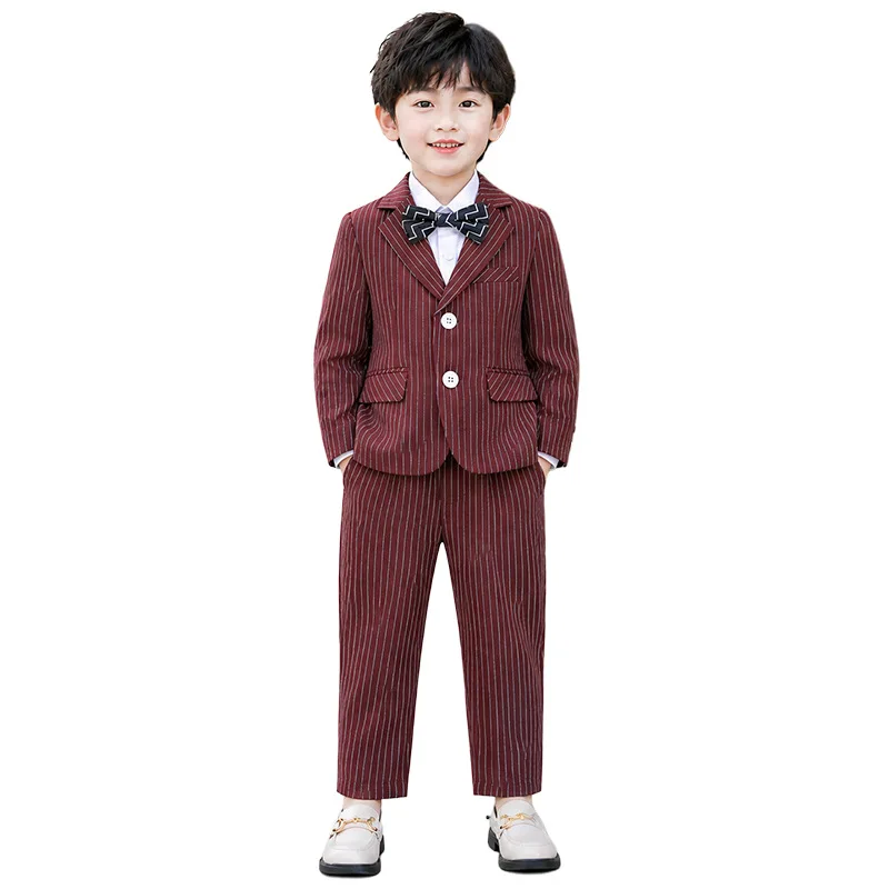 90-170 Kids Formal Red Striped Suit Set Spring Autumn New British Boys Hosting Piano Speech Performance Cosutme