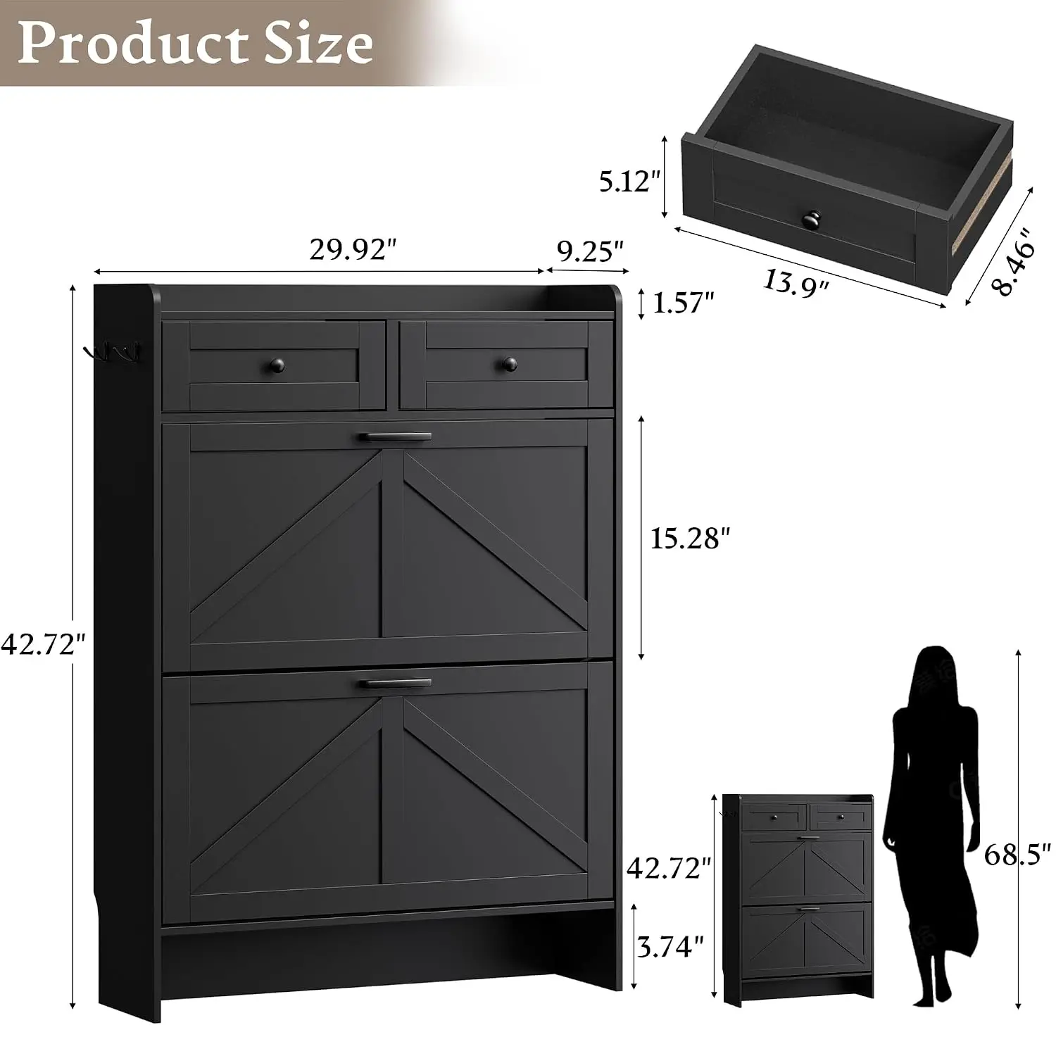 Farmhouse Narrow Shoe Cabinet 2 Flip Drawers Top Drawers Adjustable Entryway Storage, Customized