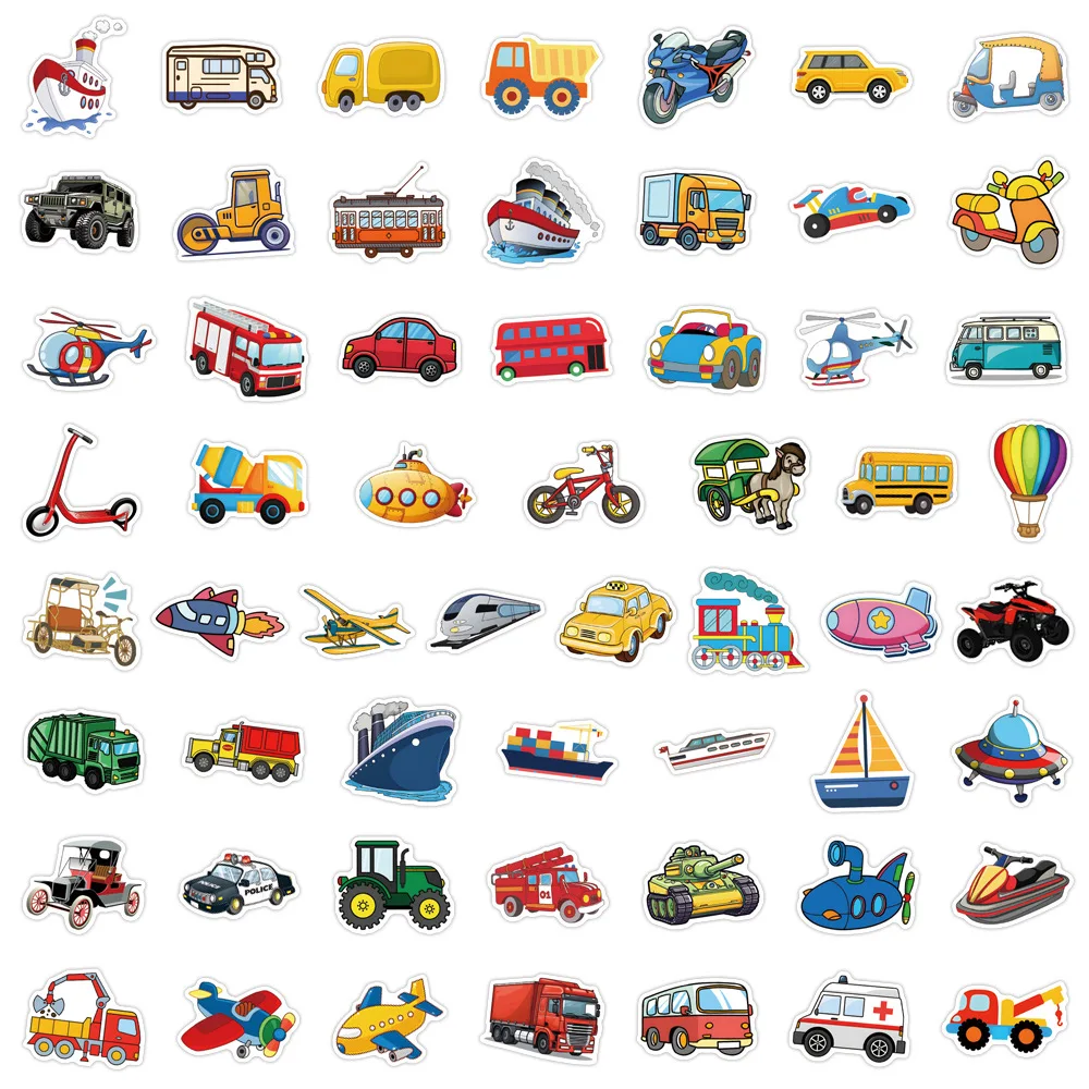 55pcs Cartoon Car Airplane Motorcycle Transportation Sticker for Decorative Stationery Handbook Water Cup Laptop Suitcase
