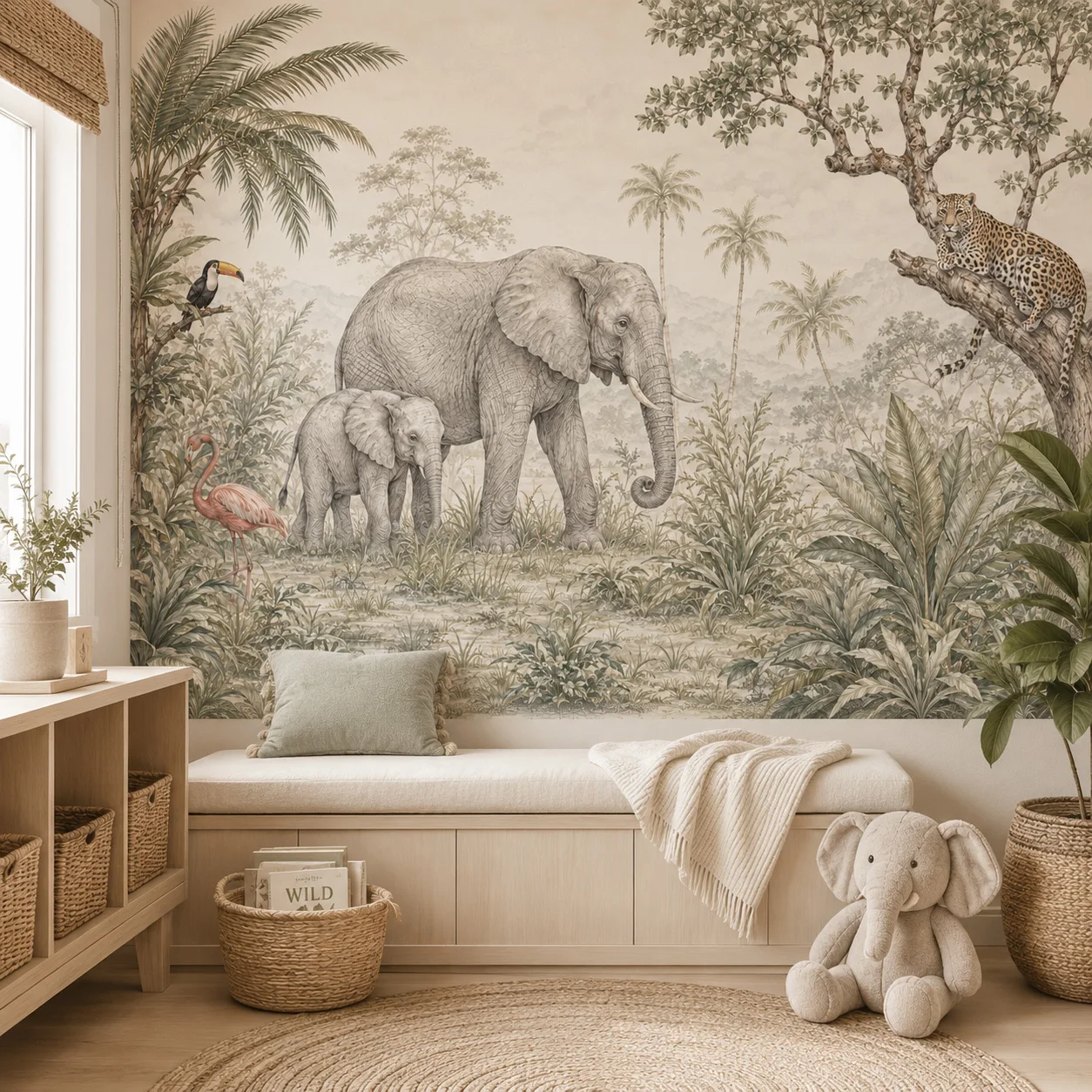 papel-tapiz-mural-vintage-de-selva-y-safari-decoracion-para-habitacion-infantil-con-familia-de-elefantes-y-leopardo-animales-tropicales-requiere-pegamento