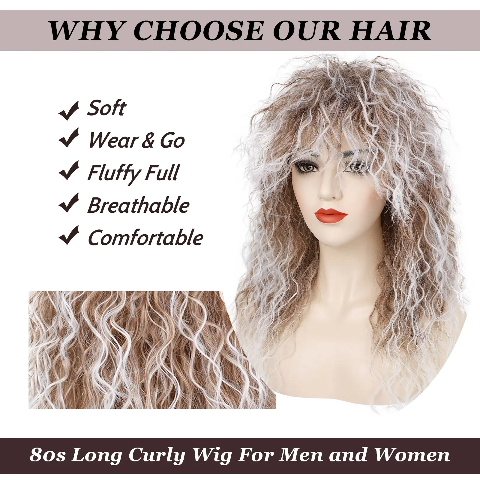 Syntetyczna peruka z długimi kręconymi włosami z lat 80. dla mężczyzn i kobiet Halloween Rocker Mullet Party zabawna peruka peruka do cosplay peruka