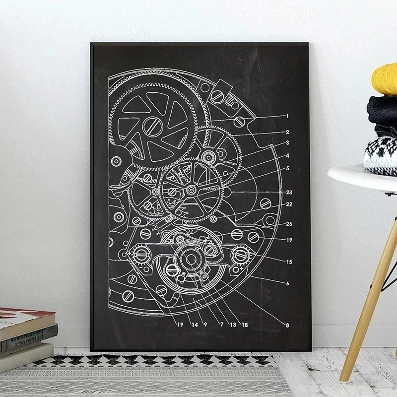 Black and White Art Watch Patent Painting Poster Print for Living Room Creative Clock Detail Canvas Wall Decoration